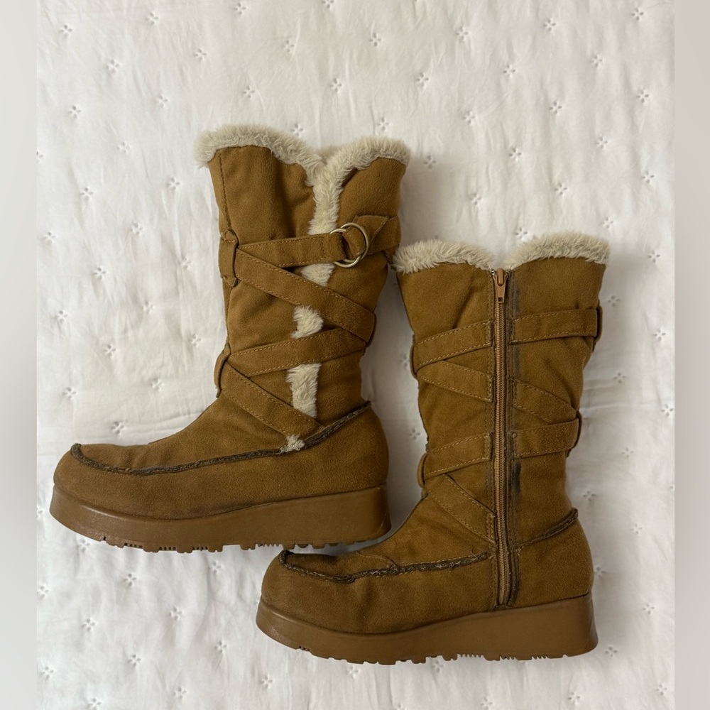 Vintage 90s No Boundaries Platform Boots Size 7 Fur Trimmed Strappy Fall Rare - Picture 6 of 16